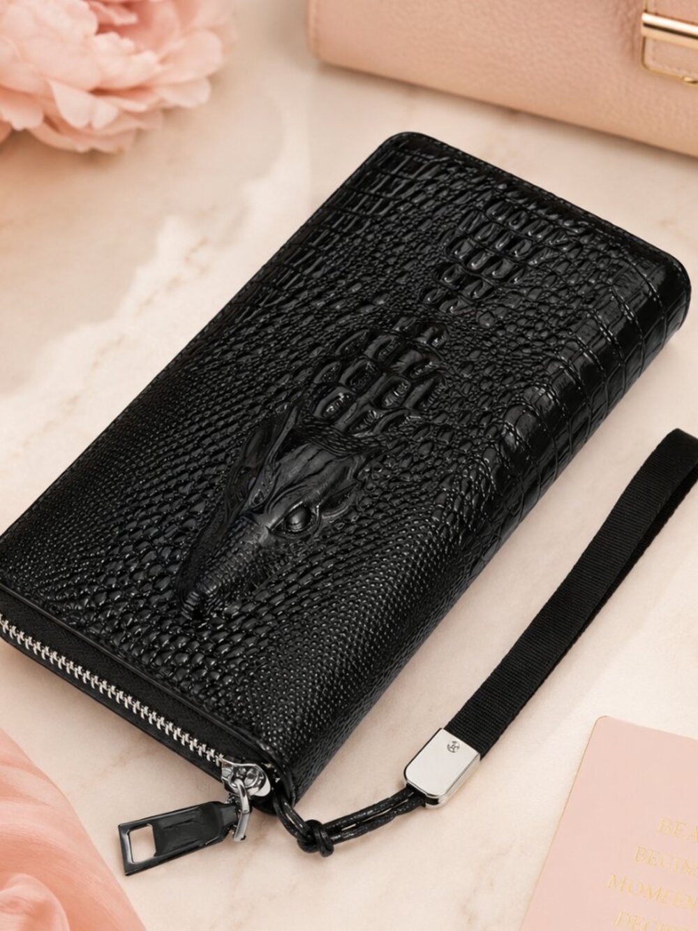 Alligator Crocodile Zip Around Wallet Clutch Wristlet Black Vegan Leather